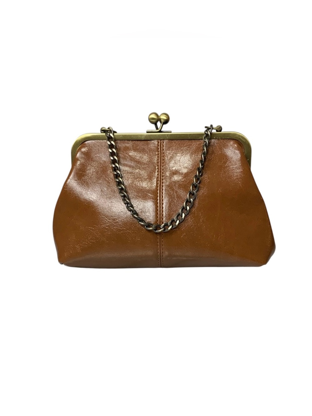 Cognac Retro Kiss Lock Faux Leather Shoulder Bag